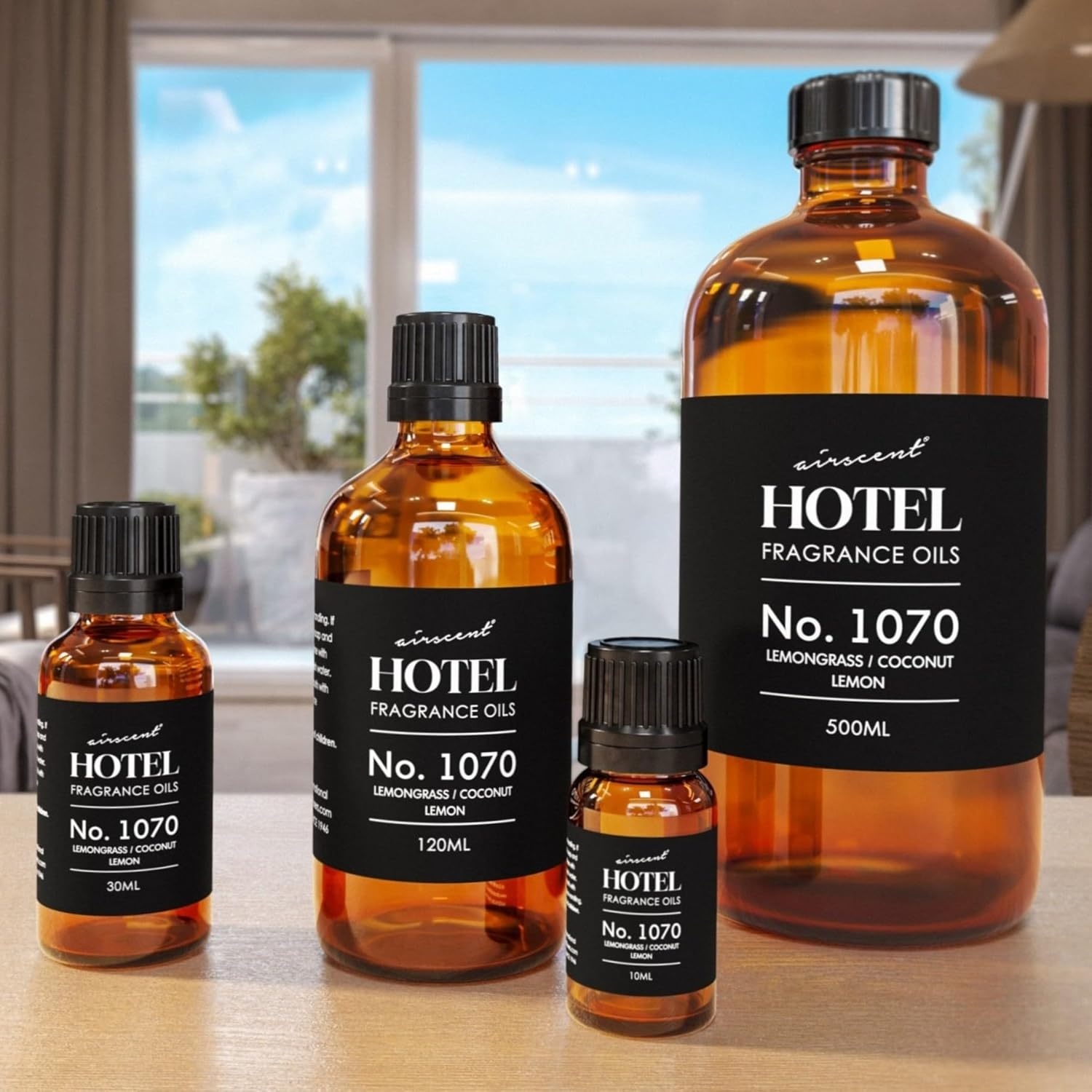 AirScent Hotel Diffuser Oil No. 1070 – Lemongrass, Coconut, Lemon – Premium Fragrance Oil for Ultrasonic and Waterless Diffusers and Crafting – 10 mL, 0.34 fl oz Glass Dropper Bottle(1 Fl Oz (Pack of 1))