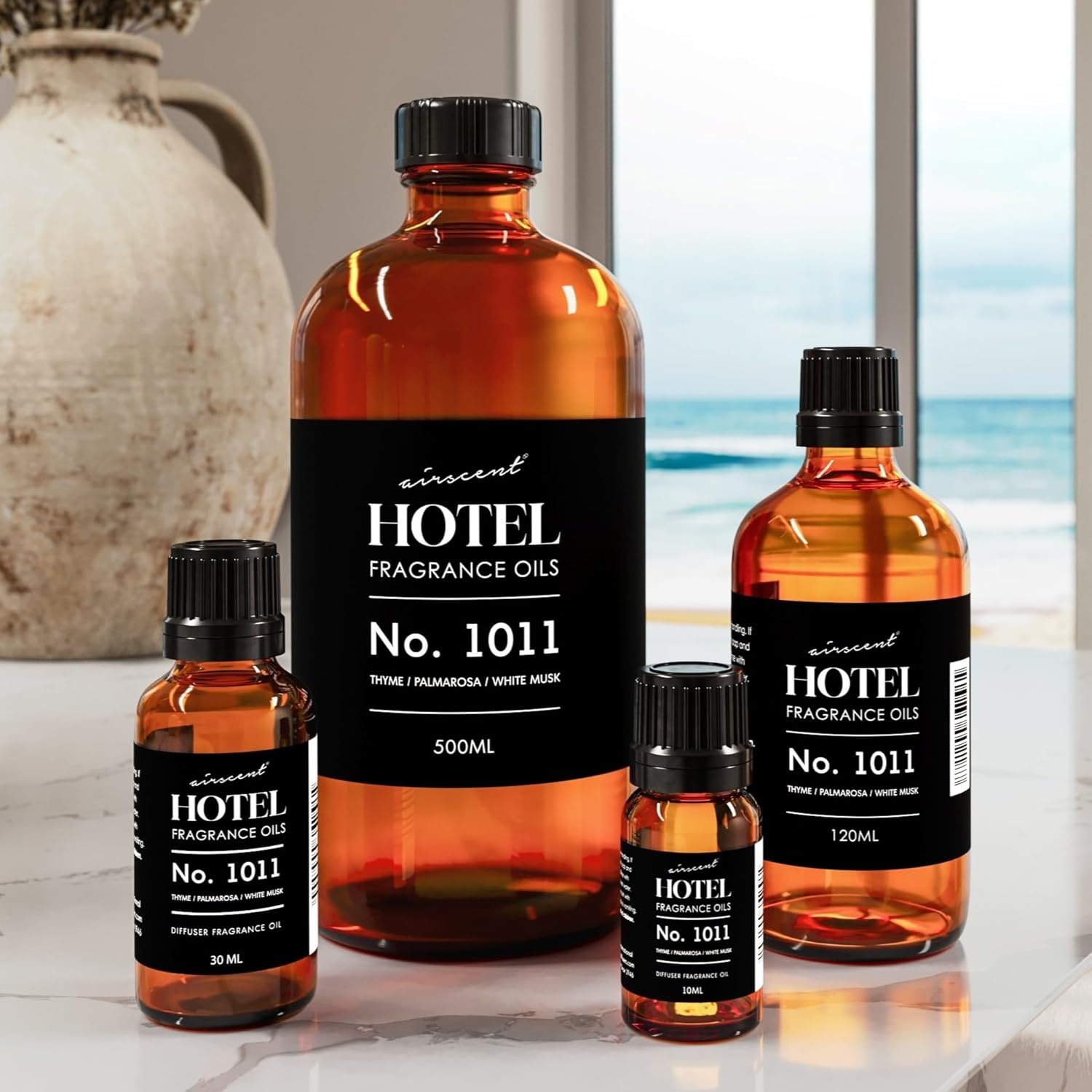 AirScent Hotel Diffuser Oil No. 1011 – The Beach Villas Scent – 10 mL | Thyme Palmarosa White Musk – Fragrance Oil for Ultrasonic and Waterless Diffusers and Crafting – .34 fl oz Glass Bottle(Thyme  Palmarosa and White Musk)