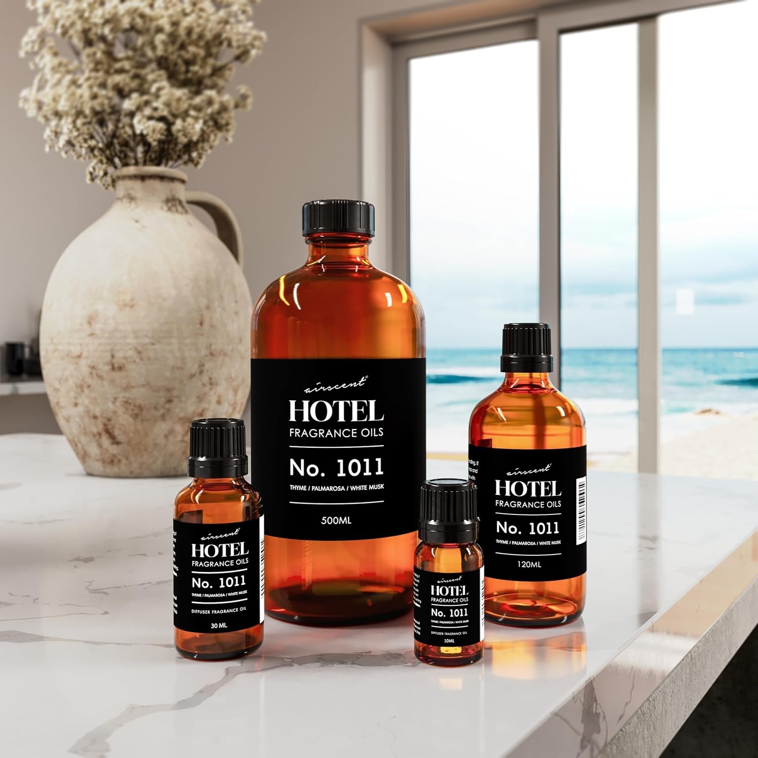 AirScent Hotel Diffuser Oil No. 1011 – The Beach Villas Scent – 10 mL | Thyme Palmarosa White Musk – Fragrance Oil for Ultrasonic and Waterless Diffusers and Crafting – .34 fl oz Glass Bottle(Thyme  Palmarosa and White Musk)