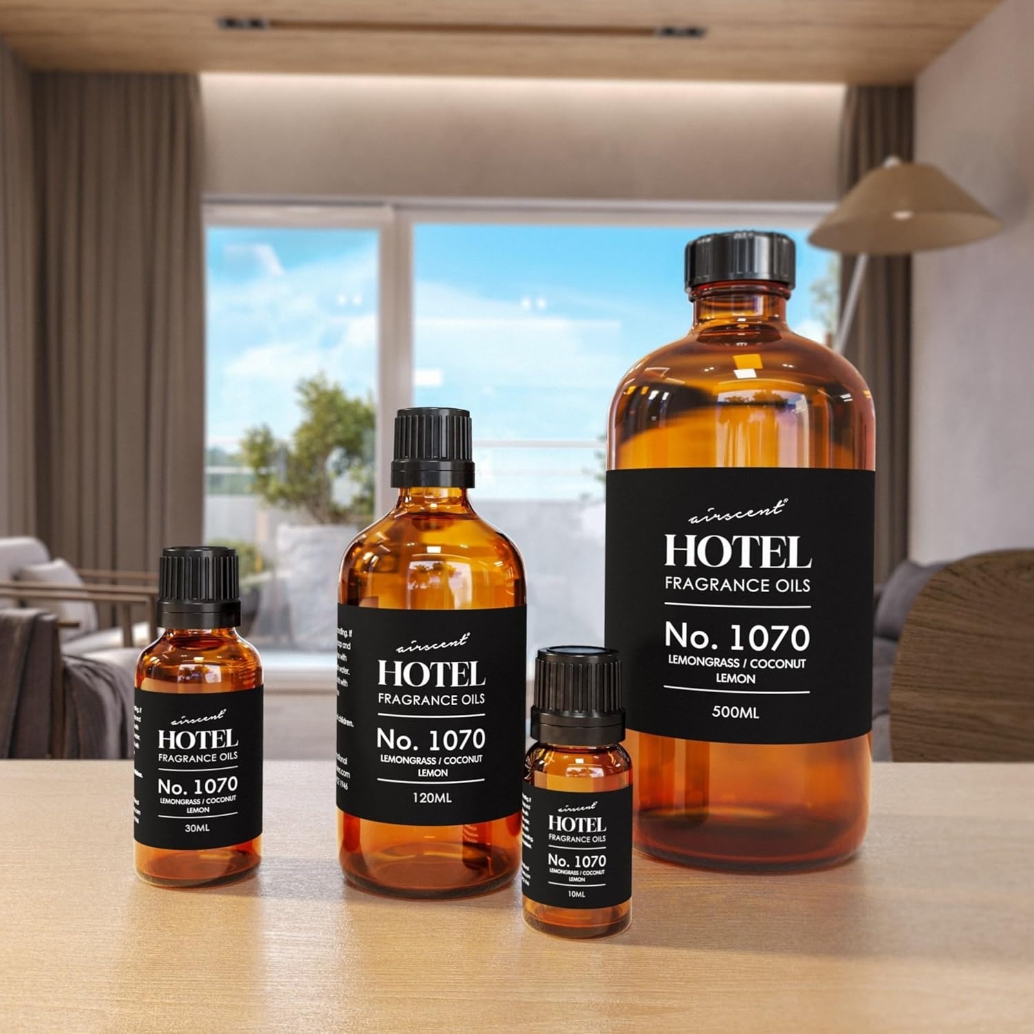 AirScent Hotel Diffuser Oil No. 1070 – Lemongrass, Coconut, Lemon – Premium Fragrance Oil for Ultrasonic and Waterless Diffusers and Crafting – 10 mL, 0.34 fl oz Glass Dropper Bottle(16.9 Fl Oz (Pack of 1))