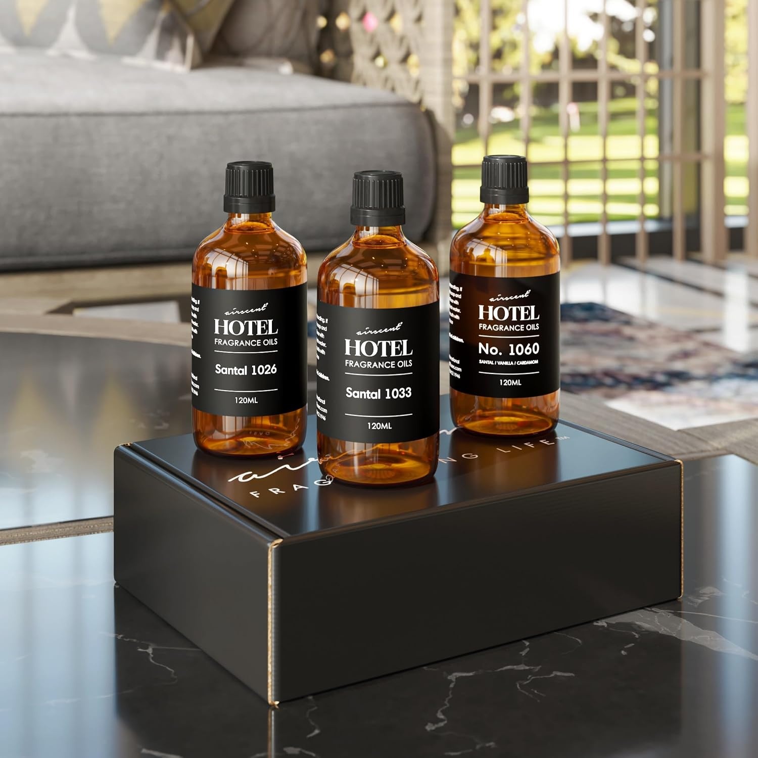 AirScent Hotel Diffuser Oil Santal Inspired 3-Pack Gift Set – 120 mL Fragrance Oil Bottles for Ultrasonic and Waterless Diffusers and Crafting – No. 1033, No. 1026 & Vanilla Santal