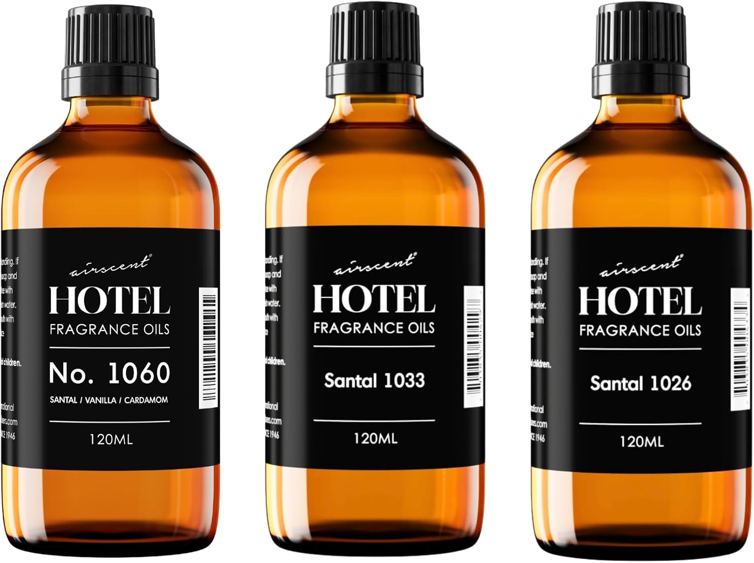 AirScent Hotel Diffuser Oil Santal Inspired 3-Pack Gift Set – 120 mL Fragrance Oil Bottles for Ultrasonic and Waterless Diffusers and Crafting – No. 1033, No. 1026 & Vanilla Santal