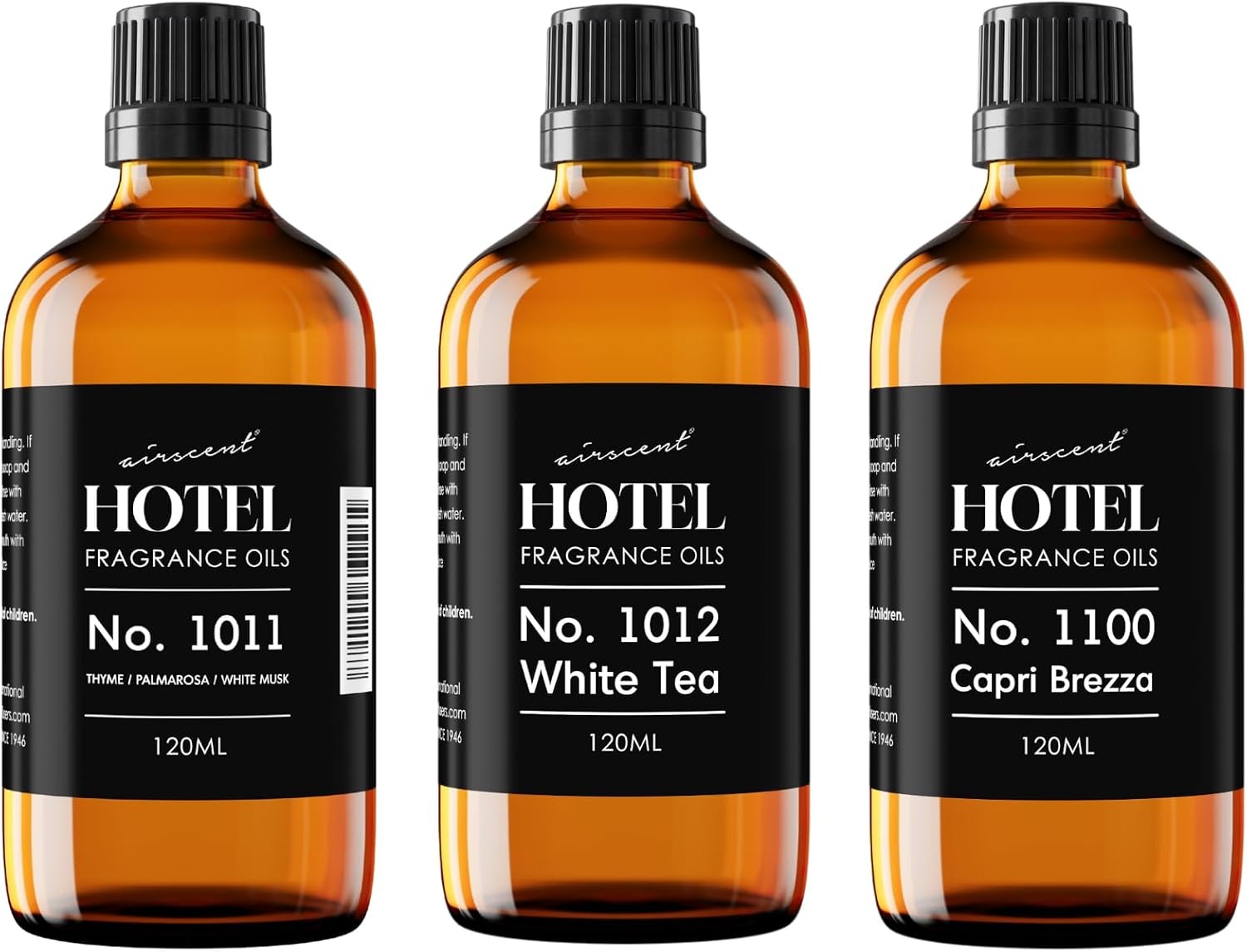 AirScent Hotel Diffuser Oil Beach Escape 3-Pack Gift Set – 120 mL Fragrance Oil Bottles for Ultrasonic and Waterless Diffusers and Crafting – Beach Villas, Capri Brezza & The White Tea Hotel Scent