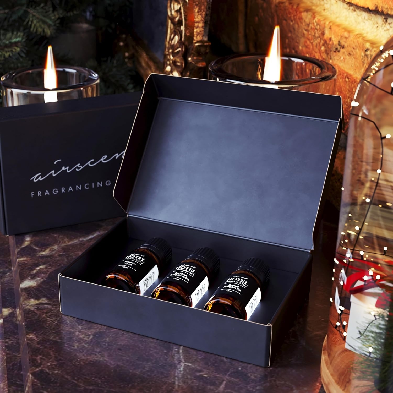 AirScent Holiday Scents Christmas Diffuser Oil 3 Pack Gift Set – 10 mL, 0.34 fl oz Fragrance Oil Set – Bourbon Pumpkin Spice, Christmas Wreath and Fireside Spiced Cider Scents
