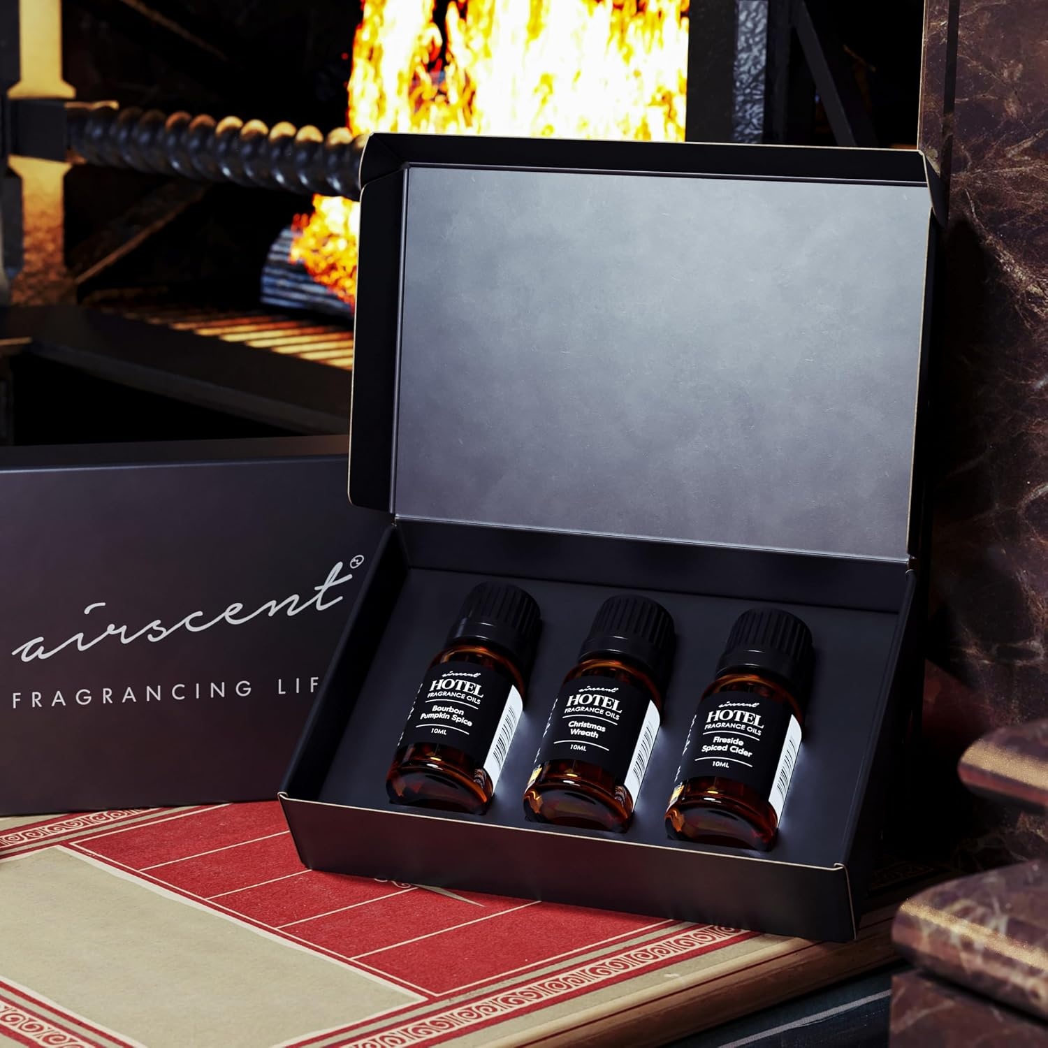 AirScent Holiday Scents Christmas Diffuser Oil 3 Pack Gift Set – 10 mL, 0.34 fl oz Fragrance Oil Set – Bourbon Pumpkin Spice, Christmas Wreath and Fireside Spiced Cider Scents