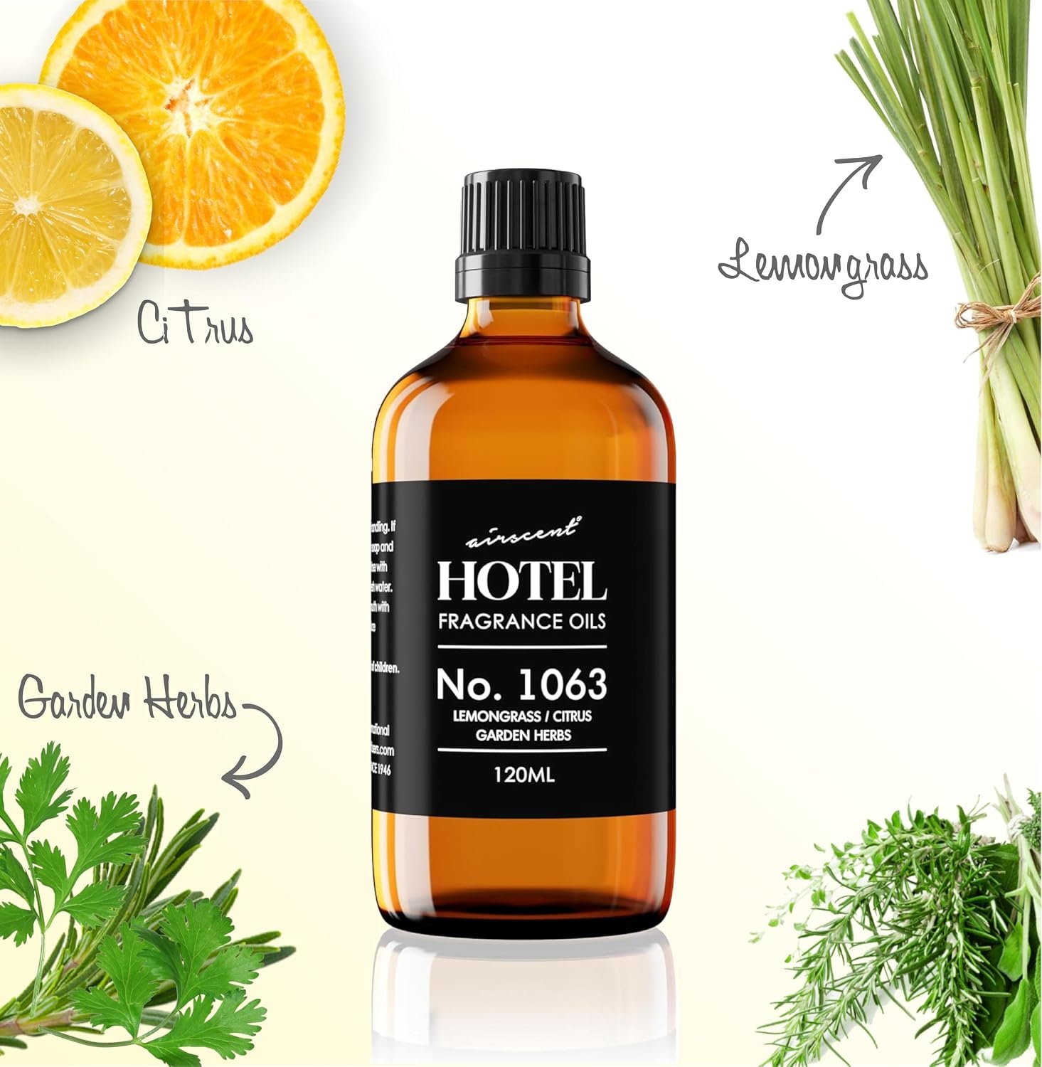 AirScent Hotel Diffuser Oil No. 1063 – Lemongrass Citrus Garden Herbs – Premium Fragrance Oil for Ultrasonic and Waterless Diffusers and Crafting – 10 mL, 0.34 fl oz Glass Dropper Bottle(4 Fl Oz (Pack of 1))