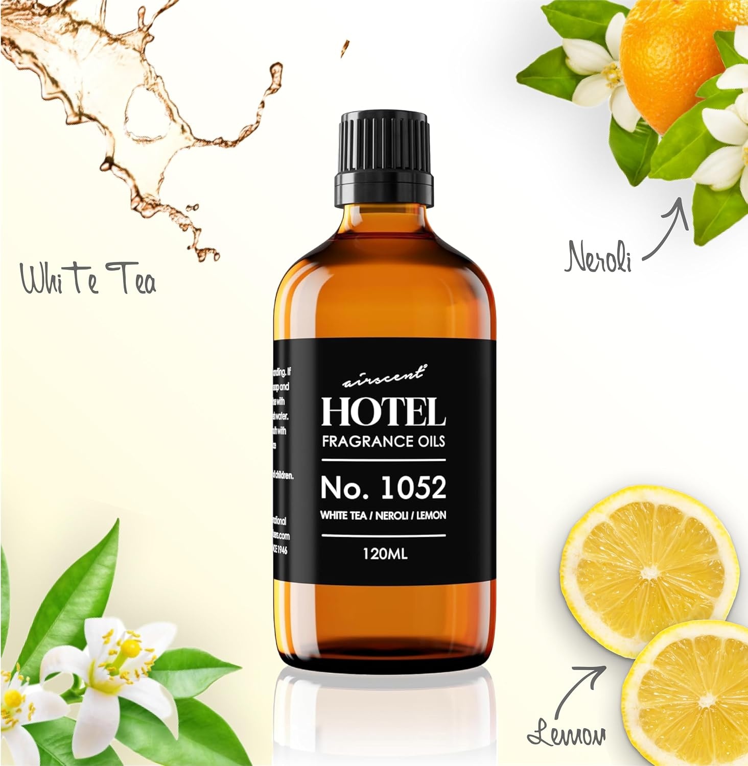 AirScent White Tea Harmony Hotel Diffuser Oil No. 1052 – White Tea Neroli Lemon – Fragrance Oil for Ultrasonic and Waterless Diffusers and Crafting – 10 mL, 0.34 fl oz Glass Bottle(4 Fl Oz (Pack of 1))