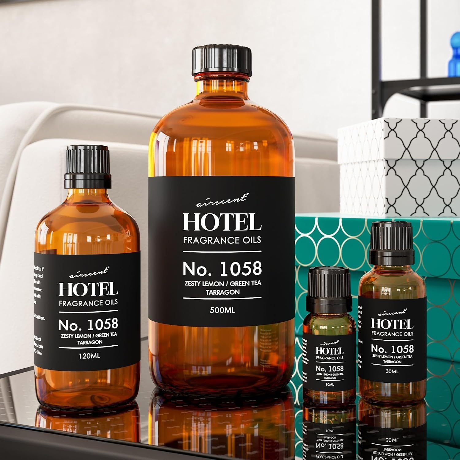 AirScent Hotel Diffuser Oil No. 1058 – Shiso Tea Inspired – Lemon Green Tea Tarragon – Fragrance Oil for Ultrasonic and Waterless Diffusers and Crafting – 10 mL, 0.34 fl oz Glass Bottle(16.9 Fl Oz (Pack of 1))