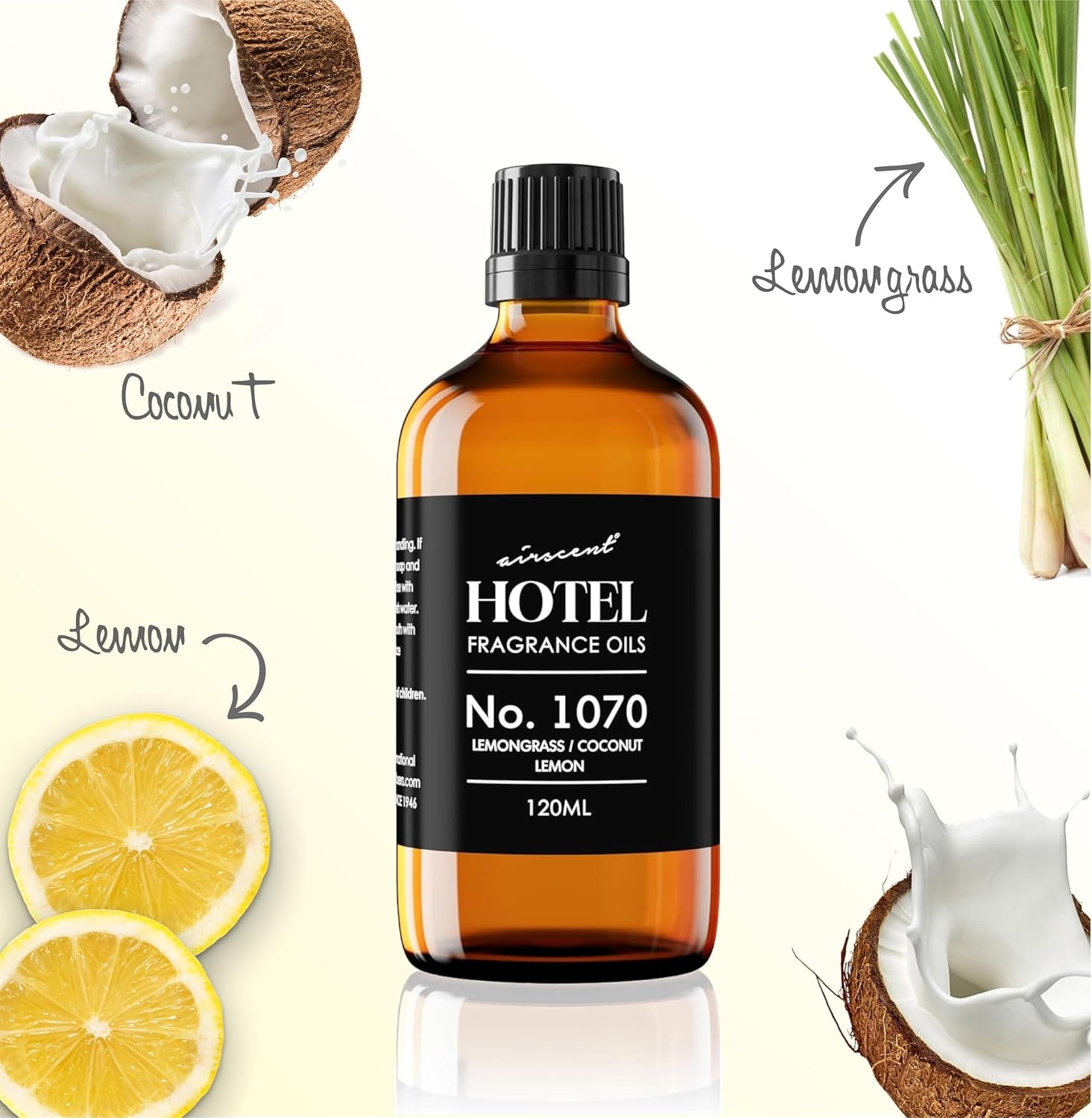AirScent Hotel Diffuser Oil No. 1070 – Lemongrass, Coconut, Lemon – Premium Fragrance Oil for Ultrasonic and Waterless Diffusers and Crafting – 10 mL, 0.34 fl oz Glass Dropper Bottle(4 Fl Oz (Pack of 1))