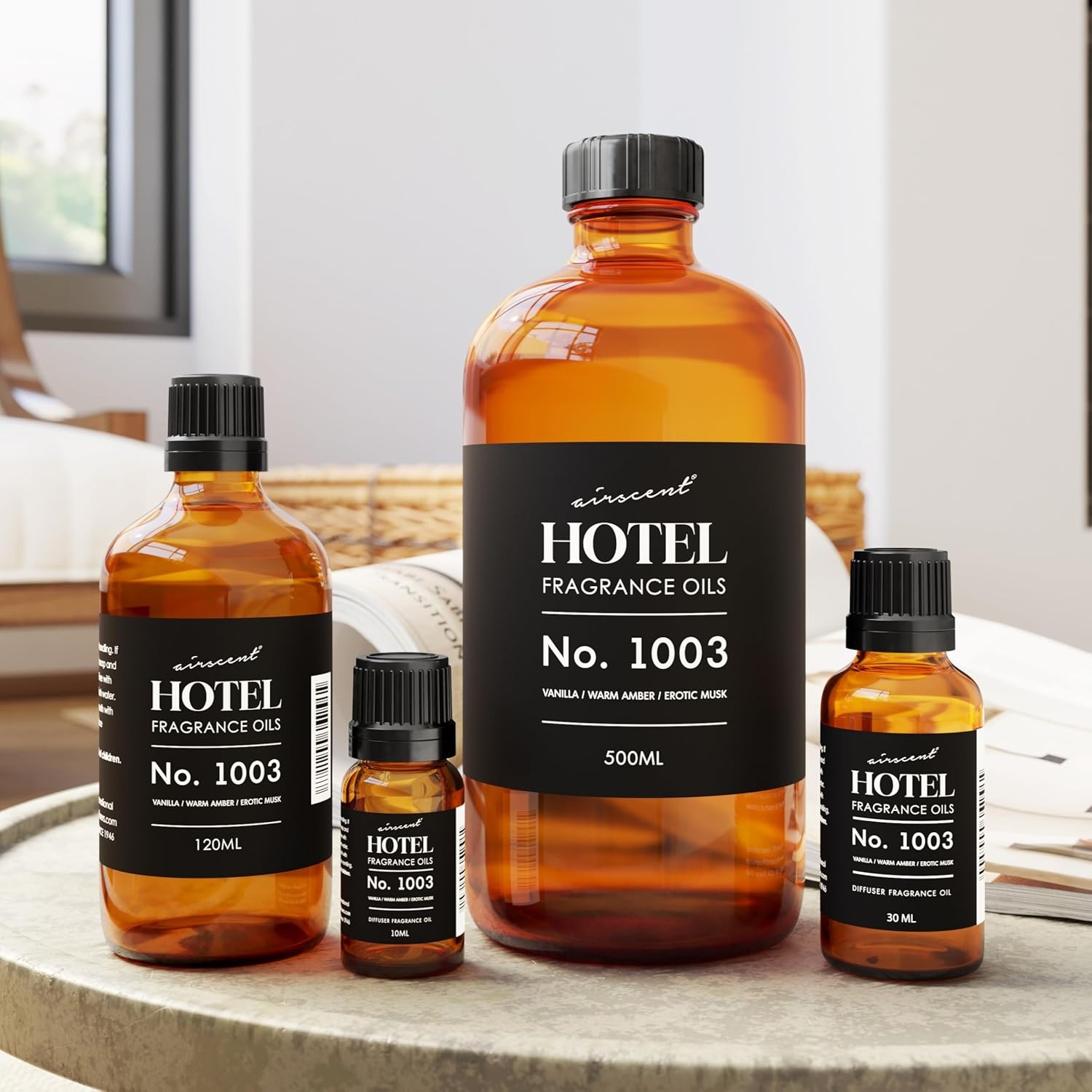AirScent Hotel Diffuser Oil No. 1003 – Vanilla Warm Amber Musk – 10 mL | Asian Garden Hotel Scent – Premium Fragrance Oil for Ultrasonic and Waterless Diffusers and Crafting – .34 fl oz Bottle(4 Fl Oz (Pack of 1))