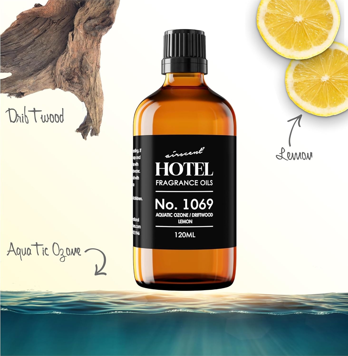 AirScent Hotel Diffuser Oil No. 1069 – Aquatic Ozone, Driftwood, Lemon – Premium Fragrance Oil for Ultrasonic and Waterless Diffusers and Crafting – 10 mL, 0.34 fl oz Glass Dropper Bottle(0.34 Fl Oz (Pack of 1))