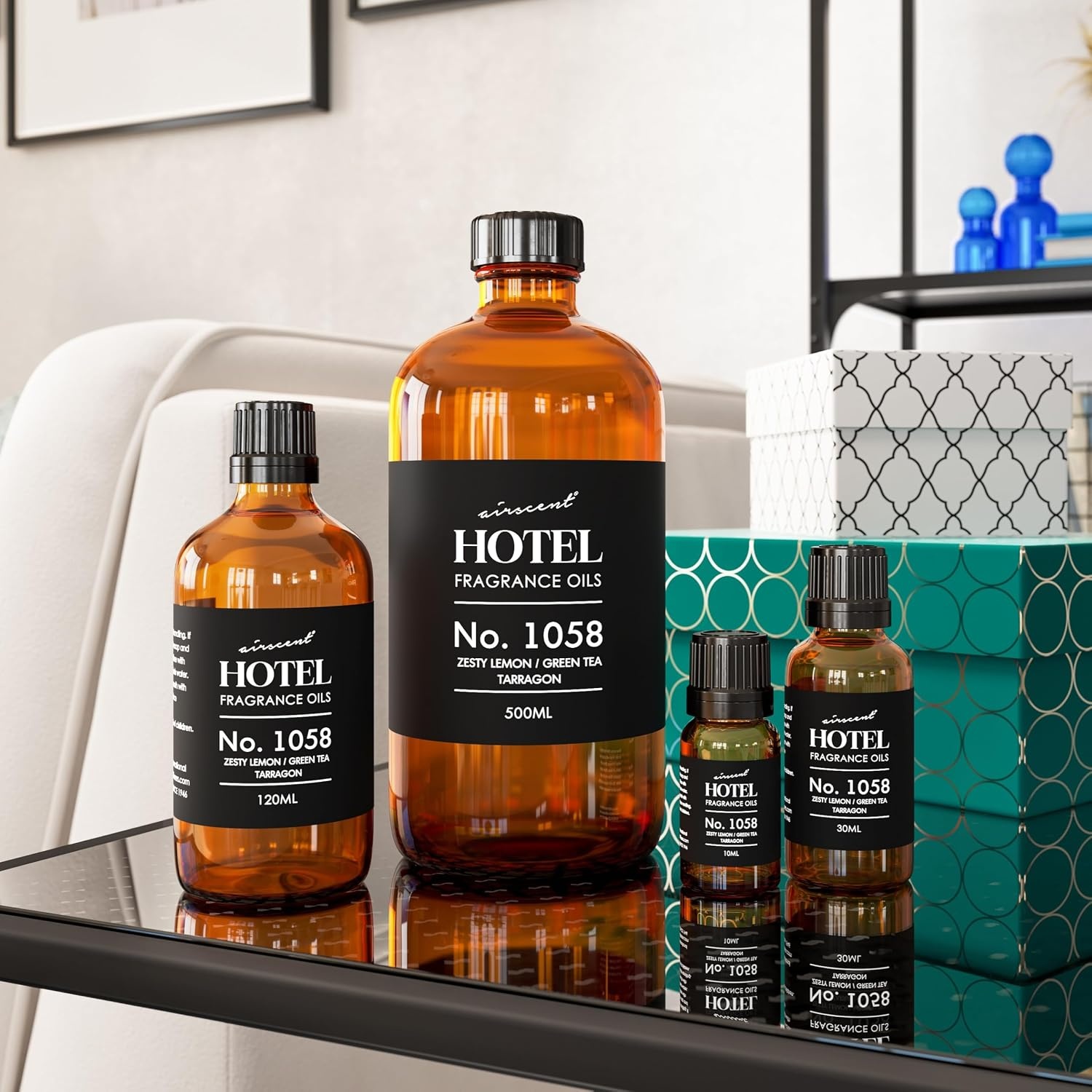 AirScent Hotel Diffuser Oil No. 1058 – Shiso Tea Inspired – Lemon Green Tea Tarragon – Fragrance Oil for Ultrasonic and Waterless Diffusers and Crafting – 10 mL, 0.34 fl oz Glass Bottle(4 Fl Oz (Pack of 1))