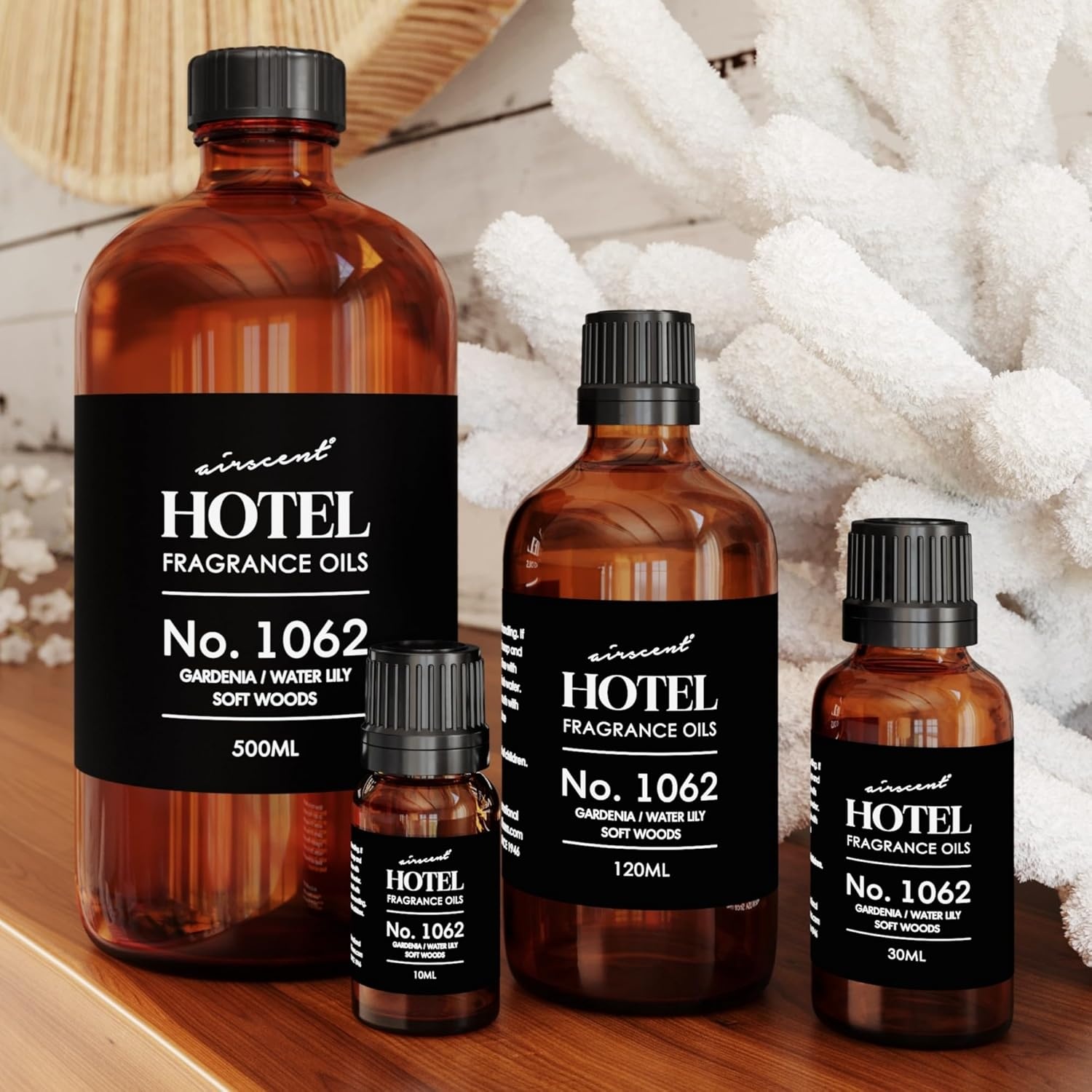 AirScent Hotel Diffuser Oil No. 1062 – Gardenia, Water Lily, Soft Woods – Premium Fragrance Oil for Ultrasonic and Waterless Diffusers and Crafting – 10 mL, 0.34 fl oz Glass Dropper Bottle(16.9 Fl Oz (Pack of 1))