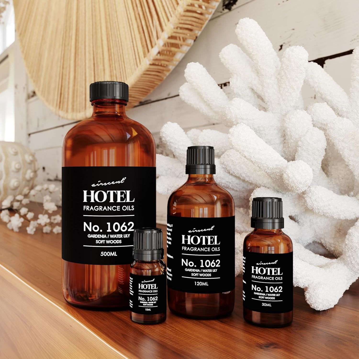 AirScent Hotel Diffuser Oil No. 1062 – Gardenia, Water Lily, Soft Woods – Premium Fragrance Oil for Ultrasonic and Waterless Diffusers and Crafting – 10 mL, 0.34 fl oz Glass Dropper Bottle(16.9 Fl Oz (Pack of 1))