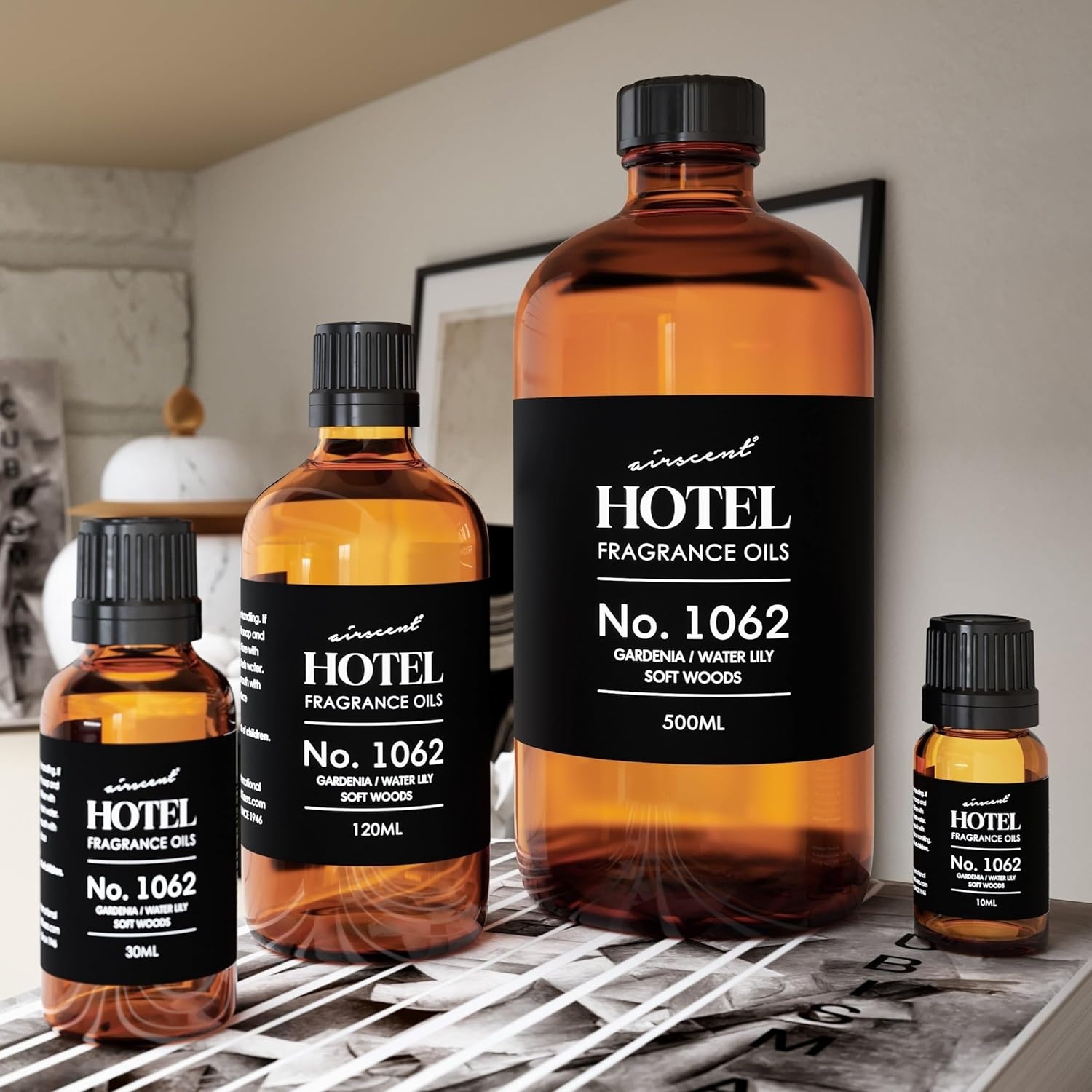 AirScent Hotel Diffuser Oil No. 1062 – Gardenia, Water Lily, Soft Woods – Premium Fragrance Oil for Ultrasonic and Waterless Diffusers and Crafting – 10 mL, 0.34 fl oz Glass Dropper Bottle(1 Fl Oz (Pack of 1))