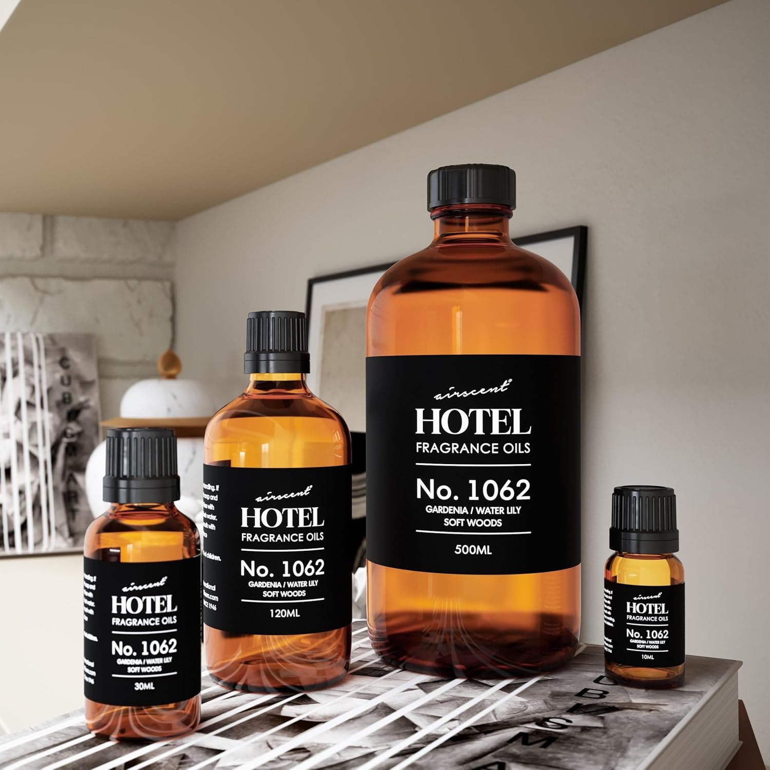 AirScent Hotel Diffuser Oil No. 1062 – Gardenia, Water Lily, Soft Woods – Premium Fragrance Oil for Ultrasonic and Waterless Diffusers and Crafting – 10 mL, 0.34 fl oz Glass Dropper Bottle(1 Fl Oz (Pack of 1))