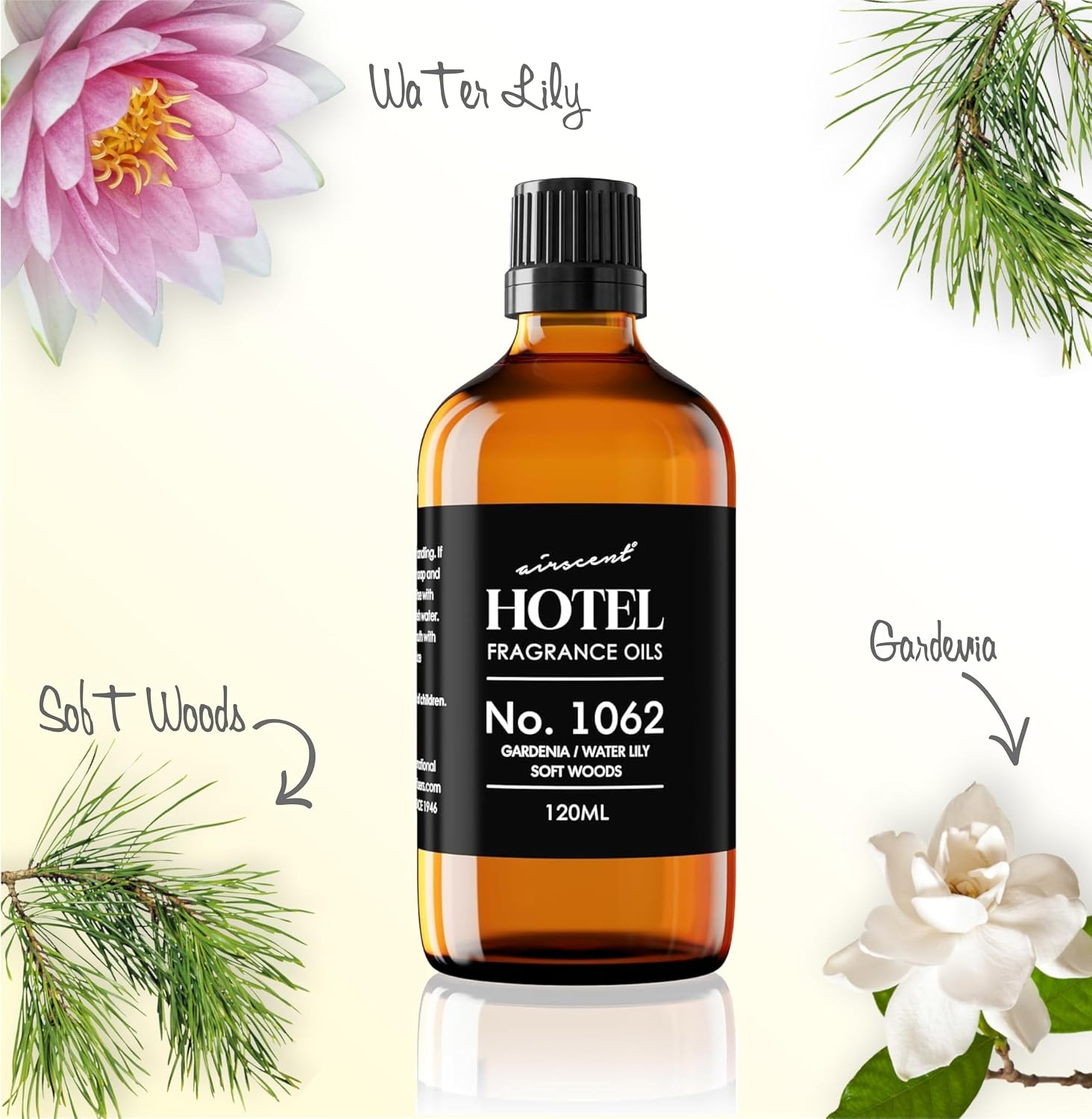 AirScent Hotel Diffuser Oil No. 1062 – Gardenia, Water Lily, Soft Woods – Premium Fragrance Oil for Ultrasonic and Waterless Diffusers and Crafting – 10 mL, 0.34 fl oz Glass Dropper Bottle(1 Fl Oz (Pack of 1))