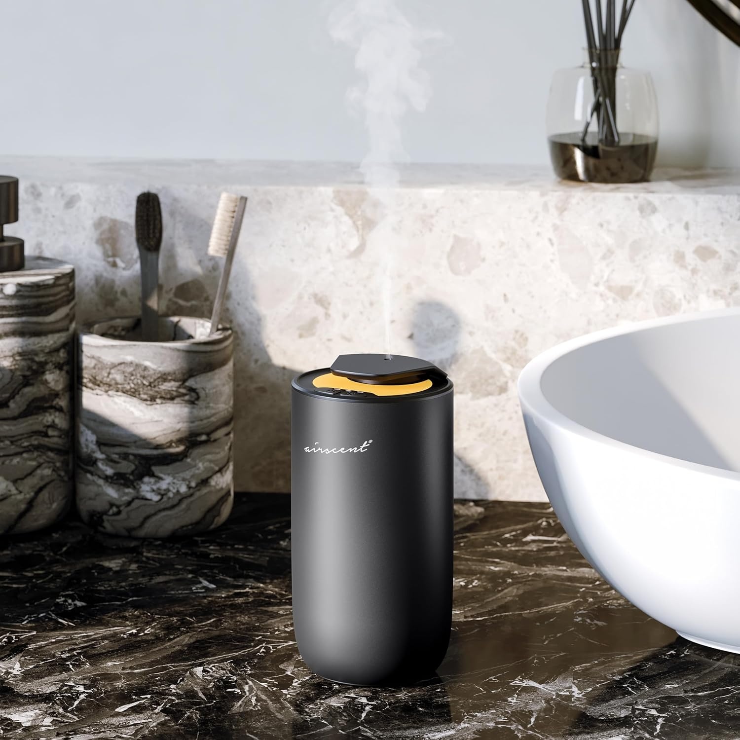 The AirScent Mini Waterless Diffuser for for Homes, Offices, Spas and Hotels – Titanium Black Finish – Fragrance Oil Aromatherapy Diffuser for Aesthetic Scenting -15 mL Capacity – Night Light Feature(Titanium Black)
